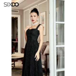 Đầm ren đen 2 dây xếp ly SIXDO (Black Pleated Midi Lace Dress)