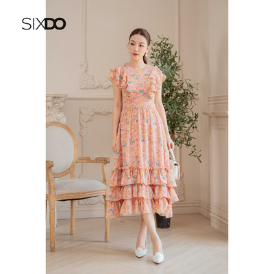 Đầm voan hoa tay bèo hến SIXDO (Peach Pink Floral Midi Voile Dress)