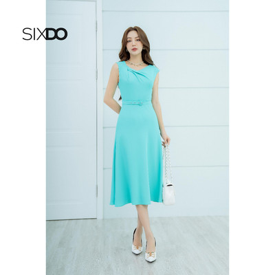 Đầm lụa midi màu ngọc lam có thắt lưng thời trang SIXDO (Turquoise Midi Silk Dress With Belt)