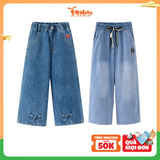 [15.10 VC 12% GIẢM 40K ĐƠN 249K] Quần jeans dài ống rộng họa tiết trái tim, đính nơ bé gái Rabity 541.001