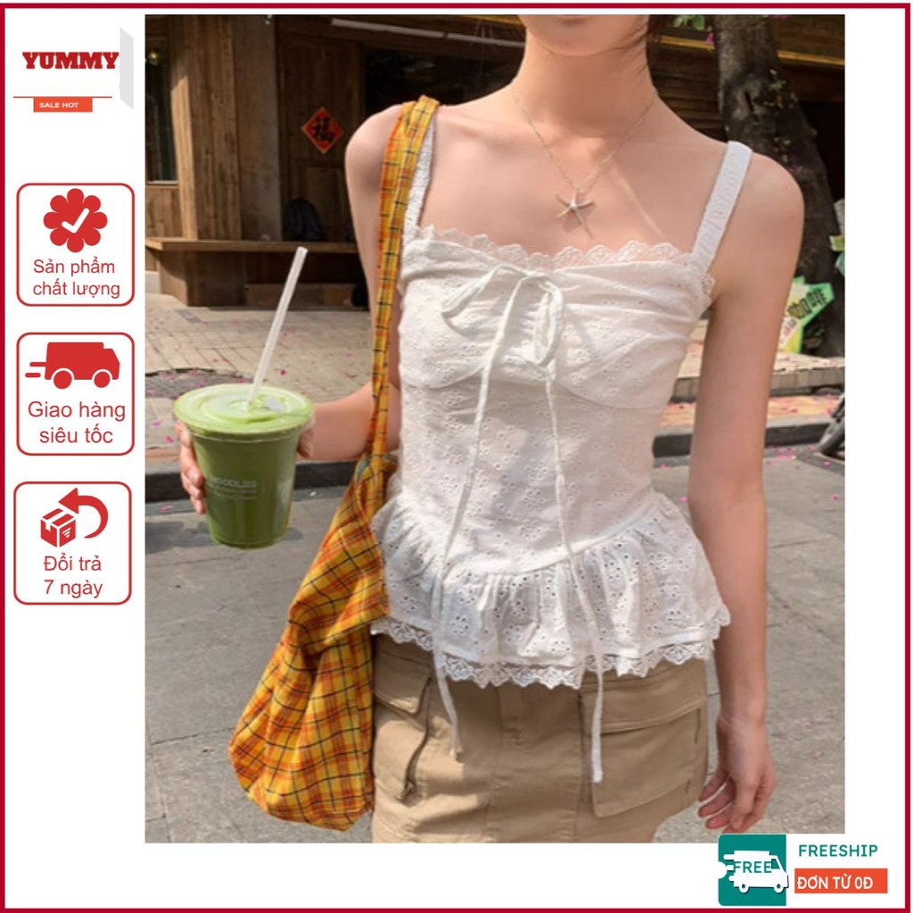 (ẢNH THẬT) Áo hai dây Yummy  phối ren bèo vintage tiểu thư, Áo croptop nữ trẻ trung A76 | BigBuy360 - bigbuy360.vn