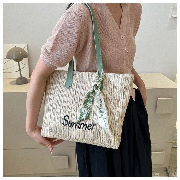 Túi cói đi biển du lịch đeo vai phối ren thêu họa tiết phong cách hàn Quốc K4T5-3