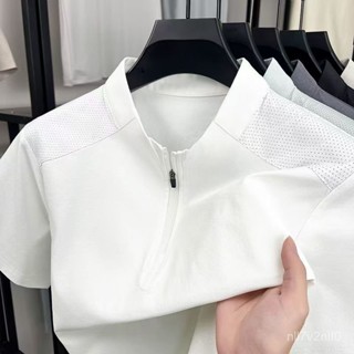 Mùa Hè POLO Áo tay ngắn cổ tròn mới bằng lụa lạnh T Áo thun nam thể thao ngoài trời thoáng khí có khóa kéo màu sắc đơn g