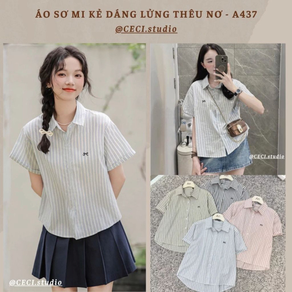 Áo Sơ Mi Kẻ Nữ Ngắn Tay Thêu Nơ Dáng Lửng Form Rộng Trẻ Trung Chất Liệu Thô Kẻ Mềm Mát - Ceci.studio
