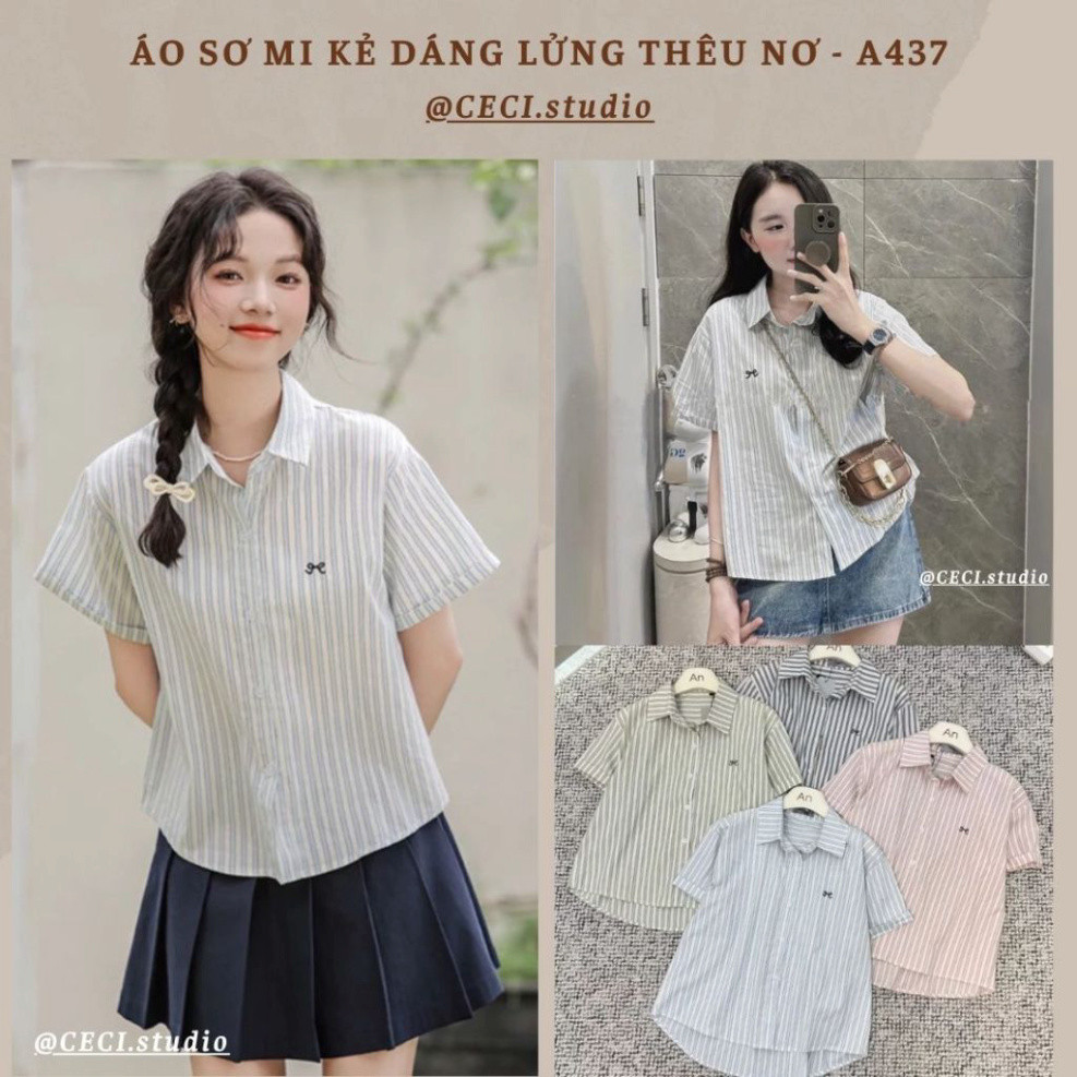 Áo Sơ Mi Kẻ Nữ Ngắn Tay Thêu Nơ Dáng Lửng Form Rộng Trẻ Trung Chất Liệu Thô Kẻ Mềm Mát - Ceci.studio