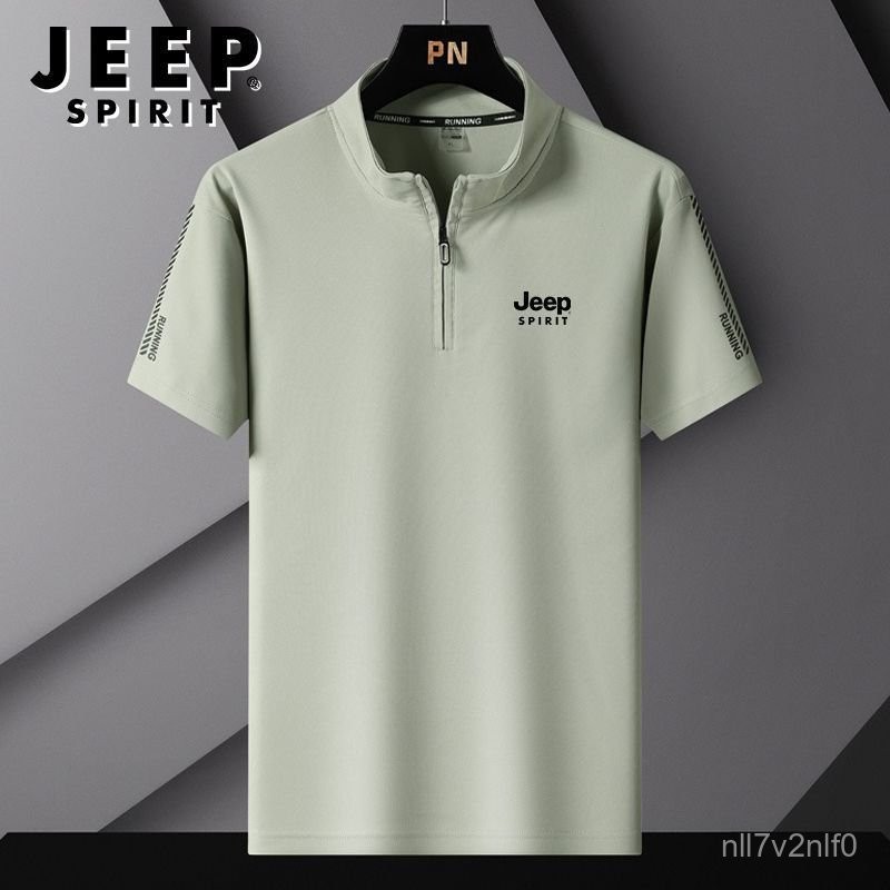 JEEP Áo thun ngắn tay Jeep T Áo thun nam mùa hè mới bằng lụa lạnh, nhanh khô, cổ đứng, nửa khóa kéo,