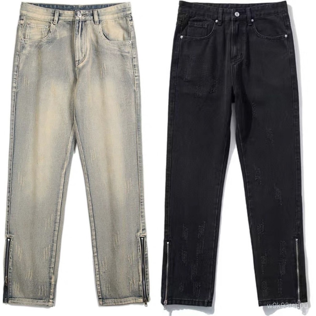 FOG Quần jeans nam màu vàng bùn dày mới có khe hở bên và khóa kéo không rách, thương hiệu thời trang