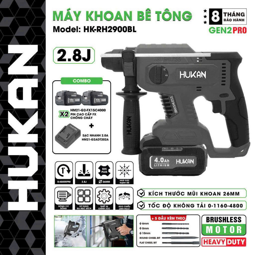 Hỏa Tốc Máy khoan đục bê tông pin HUKAN HK-RH2900BL, Lực đập 2.8J, 3 Chức năng, Động cơ Không Chổi T