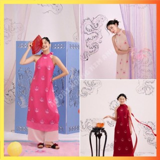  Áo dài cách tân nữ cổ yếm thêu hoa cúc chi may sẵn lụa tơ họa tiết nổi thiết kế hở vai dự tiệc xinh đẹp màu Đỏ Be,Hồng 