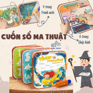 CUỐN SỔ MA THUẬT 2 IN 1 - tranh tô màu nước ma thuật tự xoá, kèm bộ bóc dán đa dạng chủ đề cho bé