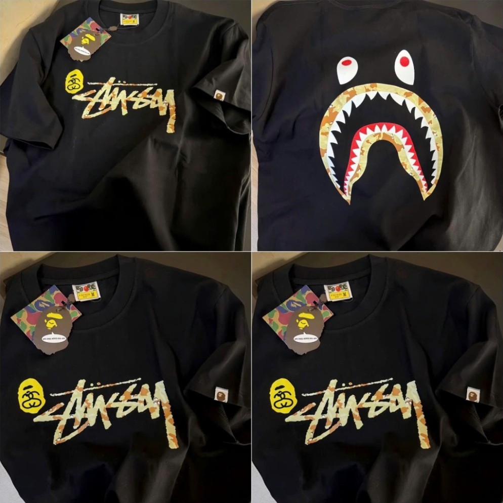 Áo thun, Sweater unisex form rộng Stussy Bape Shark in hình cao cấp - Áo Phông Nam Nữ In Chất Cotton