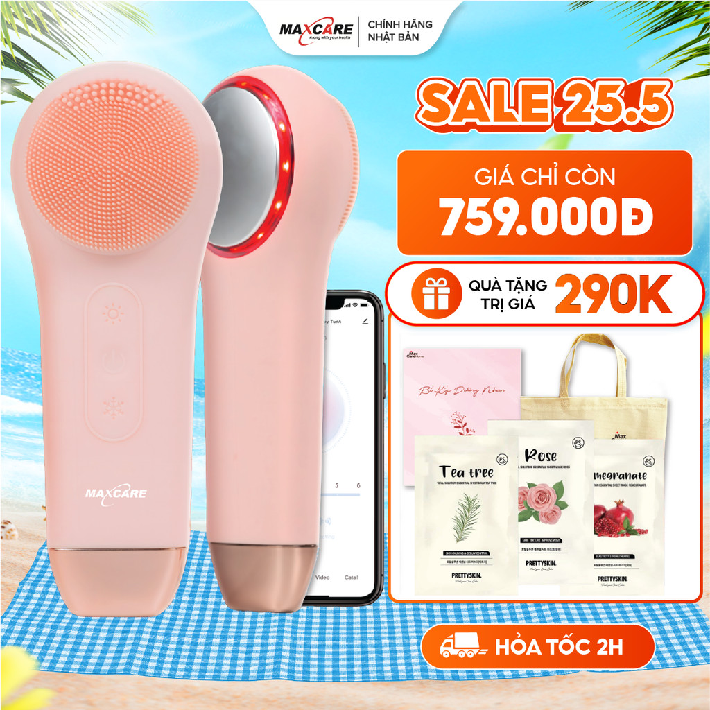 Máy Rửa Mặt Tích Hợp ĐẨY TINH CHẤT Multi-Task Maxcare ULTRA V1 Công Nghệ Ánh Sáng Đỏ/Xanh & Máy Rửa Mặt App Max999Pro