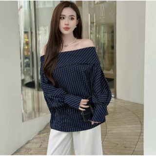 Áo kẻ sọc xanh than trễ vai tay bồng by CarrotShop ( BẦU CÓ THỂ MANG ĐƯỢC )