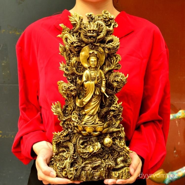 Tượng Phật Guanyin cưỡi rồng bằng đồng, trang trí tượng Guanyin cưỡi rồng chín, tượng đồng Guanyin t