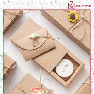  Hộp giấy kraft nắp kiểu bao diêm thắt nơ nâu   trắng H38 Vintage kèm rơm lót hộp đựng quà kraft 