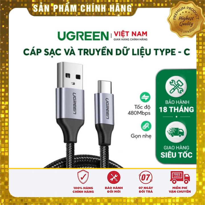 Cáp sạc USB 2.0 A sang Type C Ugreen US288 | Dòng sạc 3A 15W 18W | Hỗ trợ QC 3.0 | Bảo Hành 1 đổi 1