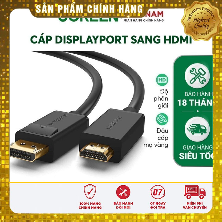 Dây cáp DisplayPort sang HDMI UGREEN DP101 | Hỗ trợ phân giải 1920x1200 | Phân Phối Chính Hãng
