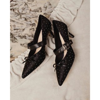 Giày cao gót nữ bít mũi nhọn nơ ria mèo, quai ngang đính đá gót cao 5cm phù hợp đi tiệc đi chơi - LT24