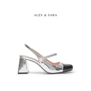  LT13 - Giày mint Alex & Sara mũi tròn phối dây xích ngọc trai tiểu thư gót cao 8cm 