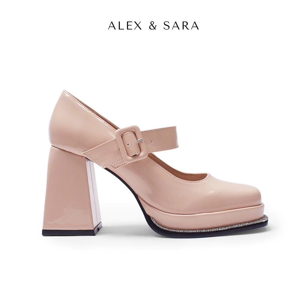 LT23 - Giày bit Alex & Sara công chúa đế đúp mũi vuông da bóng viền đá cao 9cm mang đi chơi đi tiệc