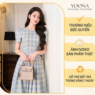 Đầm thiết kế cổ tròn tay bồng dáng xòe họa tiết kẻ caro chất twill silk - YOONA - NH10X397