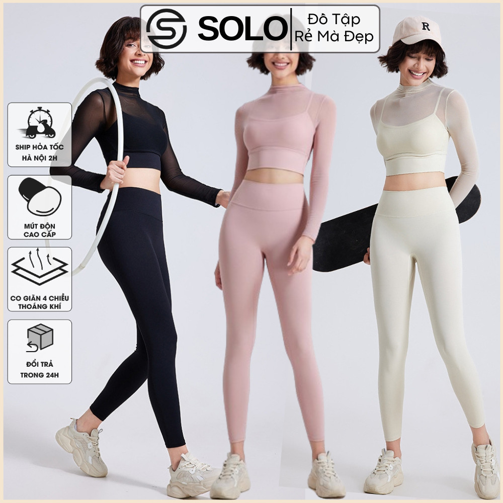 Set Đồ Tập Gym Yoga Pilates Thể Thao Áo Dài Tay Phối Lưới Quần Cạp Cao Co Giãn Thoáng Mát 2418