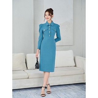 Đầm len dáng công sở cổ sơ mi phối tay bồng Orchid - AD12B324