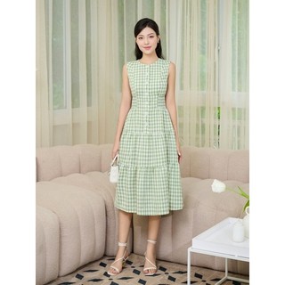 Đầm thô caro xanh sát nách dáng xòe ôm eo Orchid - BH9X022