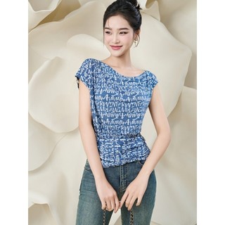 Áo cotton cộc tay họa tiết chữ thiết kế chiết eo Orchid - BHN1B304