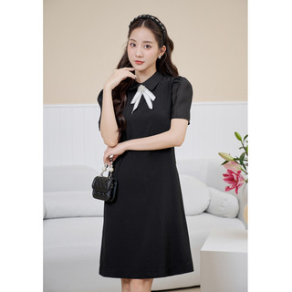 Đầm công sở nữ đen cộc tay phối cổ nơ trắng thanh lịch Orchid - AH10S088