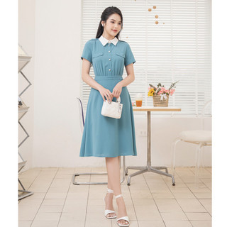 Đầm công sở xanh phối cổ sơ mi trắng túi giả chất vải đũi Orchid - AH10X086