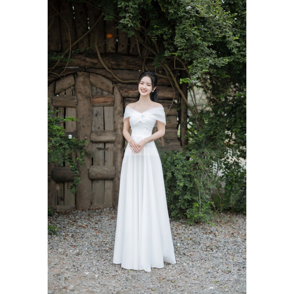 Váy cưới, váy tiệc phối vai ngang che bắp tay cao cấp, nàng dâu dịu dàng, lung linh nhất