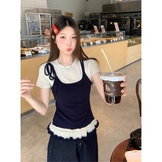  FOCUS Áo thun nữ tay ngắn phối ren phong cách Hàn Quốc mới mùa hè giả hai mảnh may viền nhún bèo local brand 