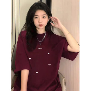 Áo thun nơ nữ cotton 100% Đỏ mận oversize mùa hè cổ tròn hàn quốc style FOCUS local brand