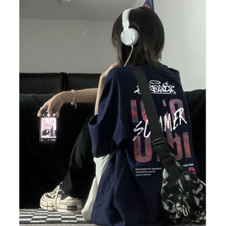 Xanh đậm Vintage Y2K Áo phông nữ form rộng Thiên thần in hình cổ tròn bigsize tay ngắn 100%cotton local brand
