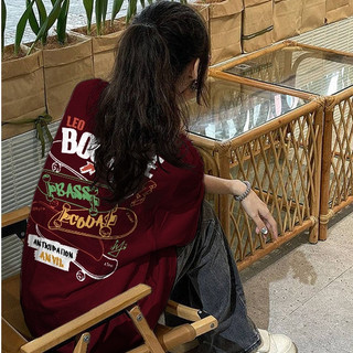 Vintage 2024 Đỏ mận áo phông nữ form rộng logo in ấn cổ tròn dáng rộng áo thun oversize 100%cotton local brand