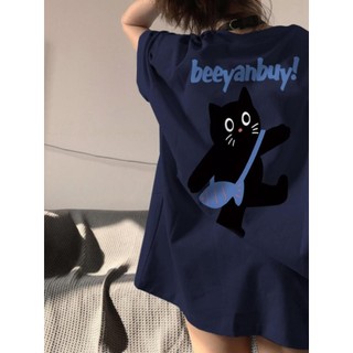 2024 fashion Xanh đậm dễ thương Áo phông nữ form rộng con mèo in hình bigsize cổ tròn áo thun 100%cotton local brand