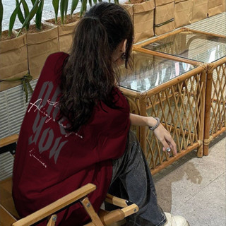 Focus local brand mùa hè vintage áo phông nữ dáng rộng Đỏ mận cổ tròn 100%cotton áo thun tay ngắn