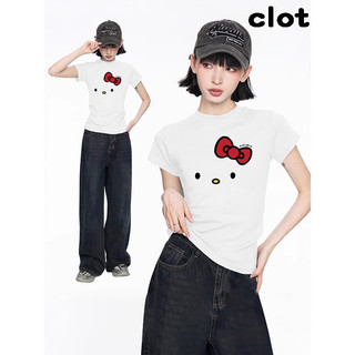 CLOT áo thun baby tee trắng ôm body dễ thương hello kitty kiểu ôm  ôm eo mùa hè  áo phông nữ cotton 100%  cộc tay