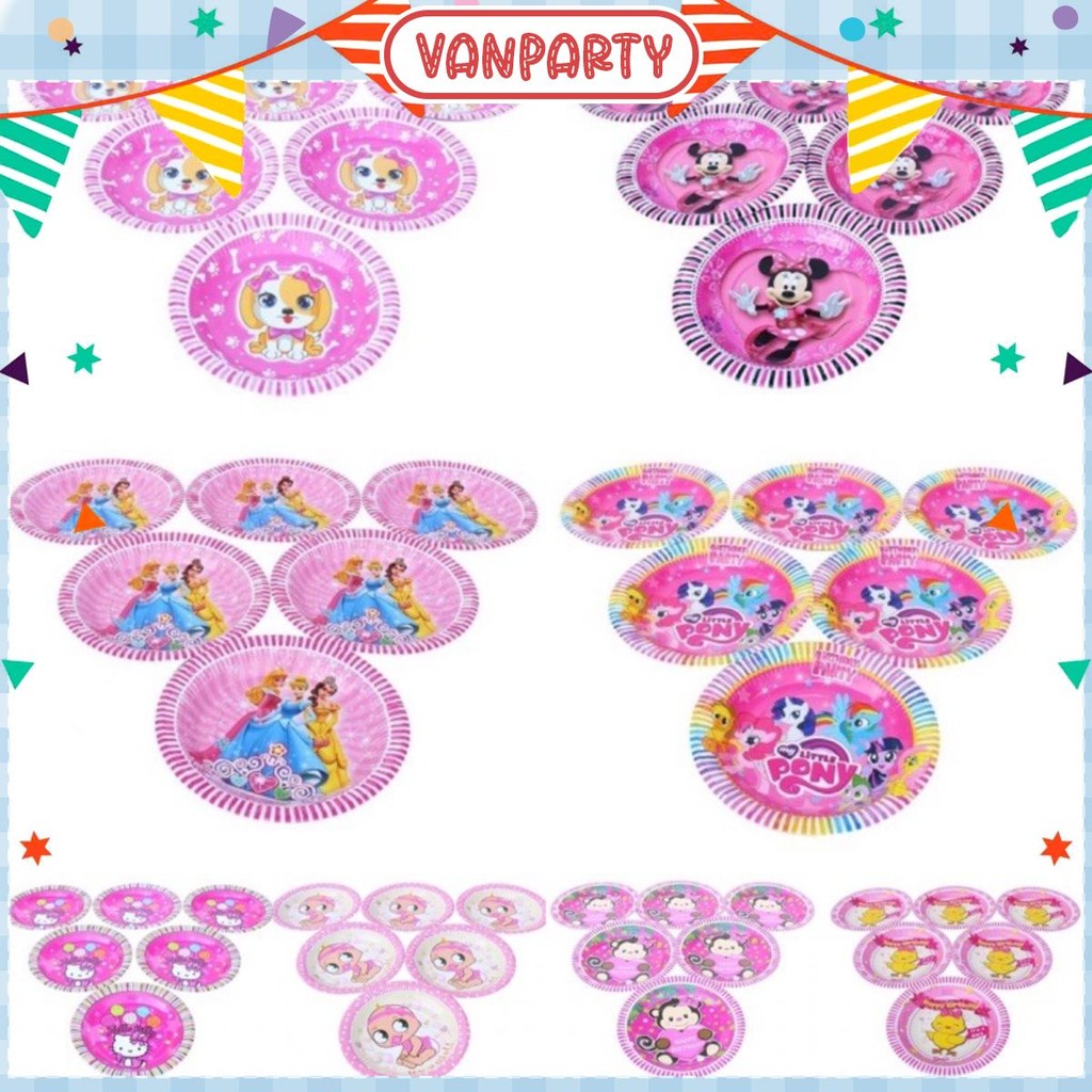 (Set 6 cái) Set dĩa mẫu bé gái trang trí sinh nhật, party, đầy tháng, thôi nôi, sự kiện…