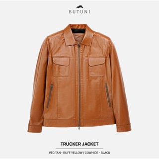 Áo Khoác Áo Da Nam Da Bò BUTUNI Trucker Jacket, Áo Khoác Da Nam Lót Lụa Cao Cấp Bảo Hành 5 Năm