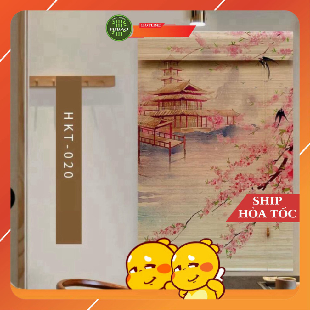 Mành tre trúc in tranh UV hình phong cảnh chim và hoa đào. Mành tre trúc trang trí decor cafe, spa.1