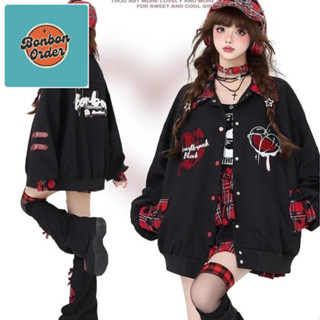  Áo khoác bóng chày kẻ sọc kiểu Mỹ phong cách châu Á áo khoác hình trái tim nữ xuân thu đa năng rộng rãi 