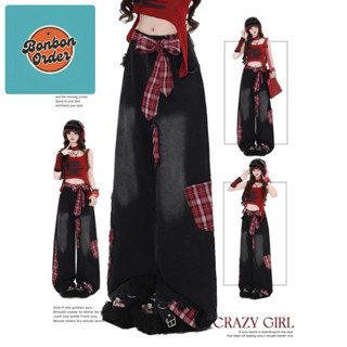 Quần jean ống rộng thắt nơ màu đỏ kiểu cổ điển kiểu Mỹ, quần dài xếp nếp dành cho nữ