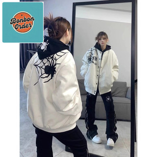   SẴN TRẮNG L  Áo khoác bóng chày chần bông thiết kế thêu hình nhện áo khoác cotton dày rộng rãi theo xu hướng 