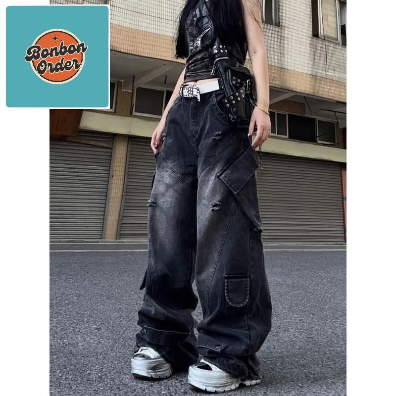   Big Size  Quần jean nhiều túi dành cho nam và nữ đường phố quần ống rộng Hip hop đường phố hiphop 