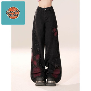 Quần jeans ống đứng vá cổ điển của Mỹ với thiết kế nhòe, cạp cao, quần ống rộng rộng rãi