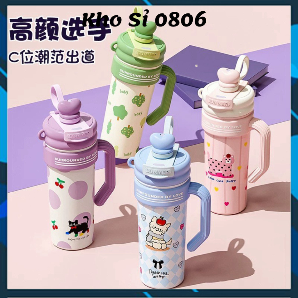 Ly giữ nhiệt Summer 700ml inox 316 có tay cầm kèm nút bịt ống hút ,bình giữ nhiệt mẫu mèo dễ thương 