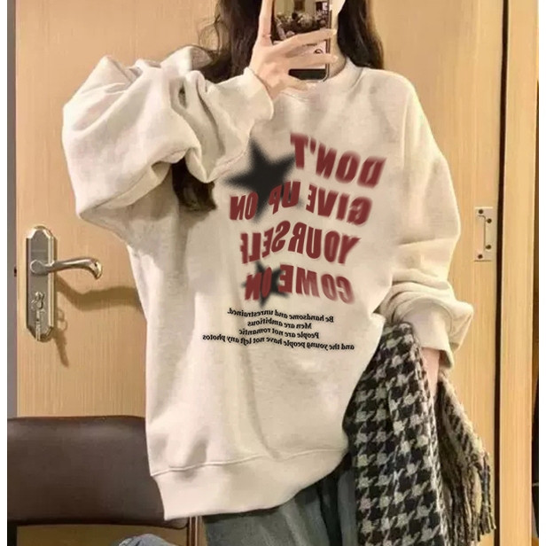 Focus local brand fashion vintage xám ngôi sao cổ tròn áo nỉ nữ dày sweater bigsize unisex levents 1
