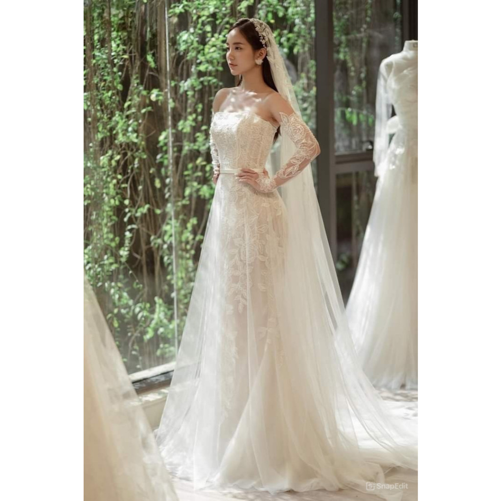 MẪU MỚI, MẪU HOT MÙA CƯỚI  Váy cưới, váy tiệc bó cá ren cao cấp, 3 in 1 tay dài rời, váy cúp bản vai rời HM06